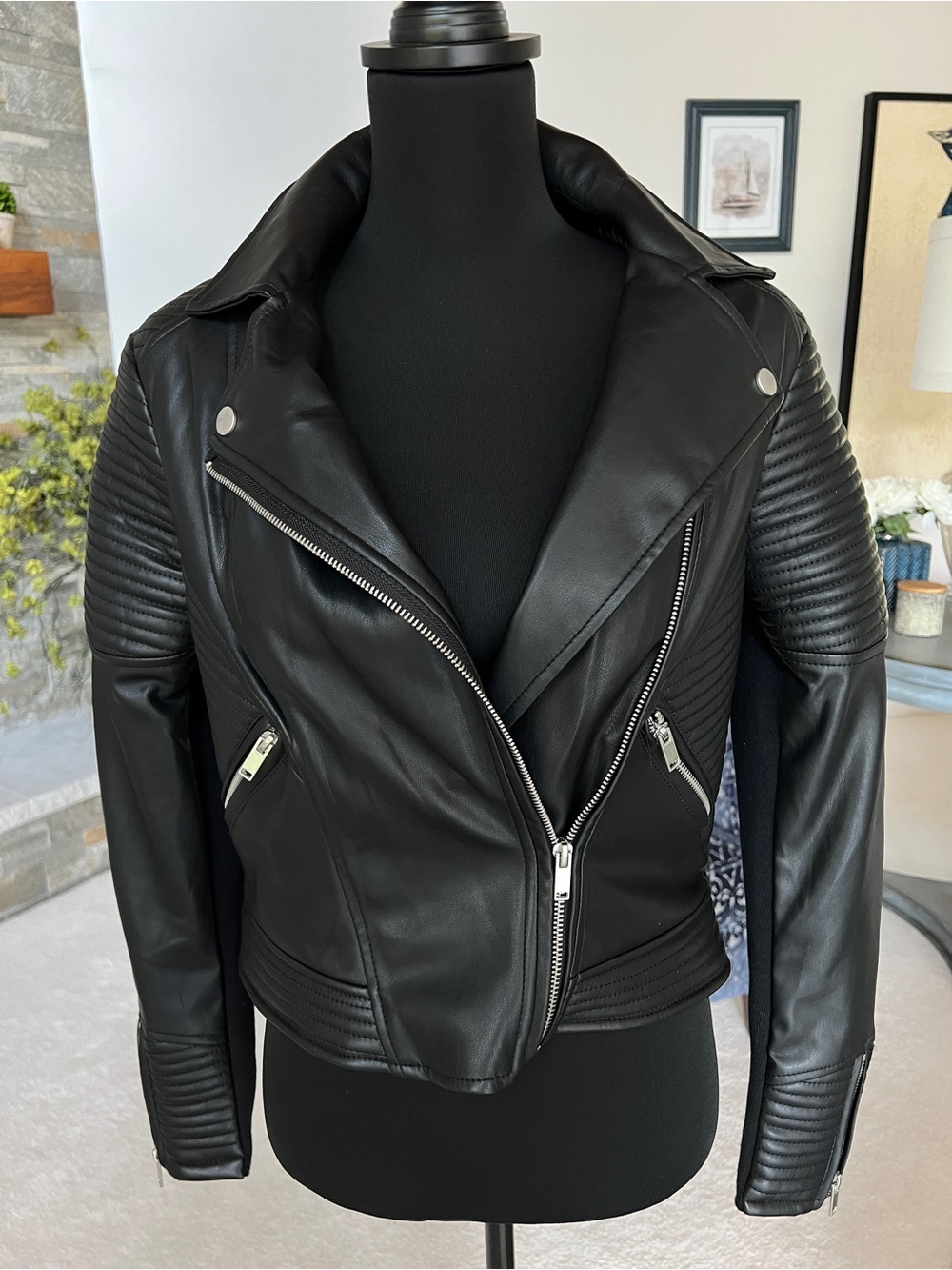 Bar III Black Faux Leather Moto Jacket with Silver Zippers
